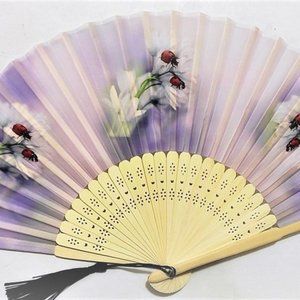 Lady Bugs Insects Flowers Floral Silk Nylon Handheld Folding Hand Fan handmade